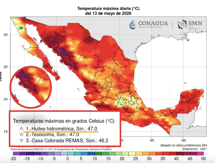 Mapa de México en colores rojo, naranja, amarillo y verde indicando las temperaturas en el país