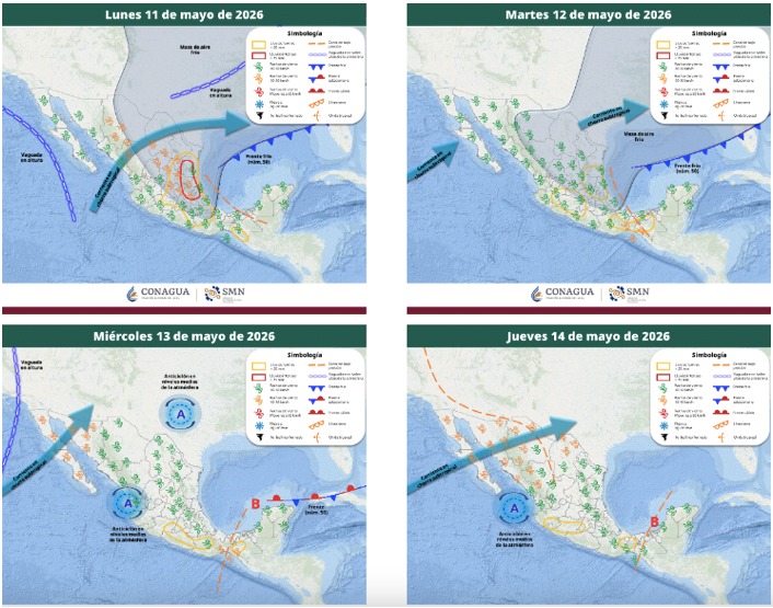 Mapas de México con flechas, líneas e íconos de viento indicando la probabilidad de tormentas en el país