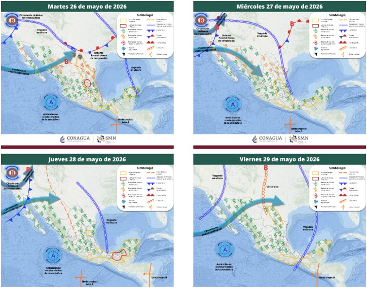 Mapas de México con flechas, líneas e íconos de viento indicando la probabilidad de tormentas en el país
