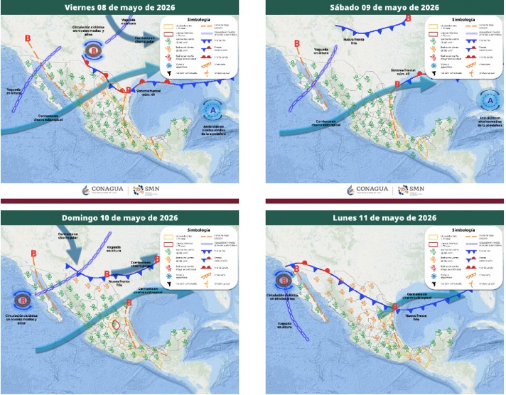 Mapas de México con flechas, líneas e íconos de viento indicando la probabilidad de tormentas en el país
