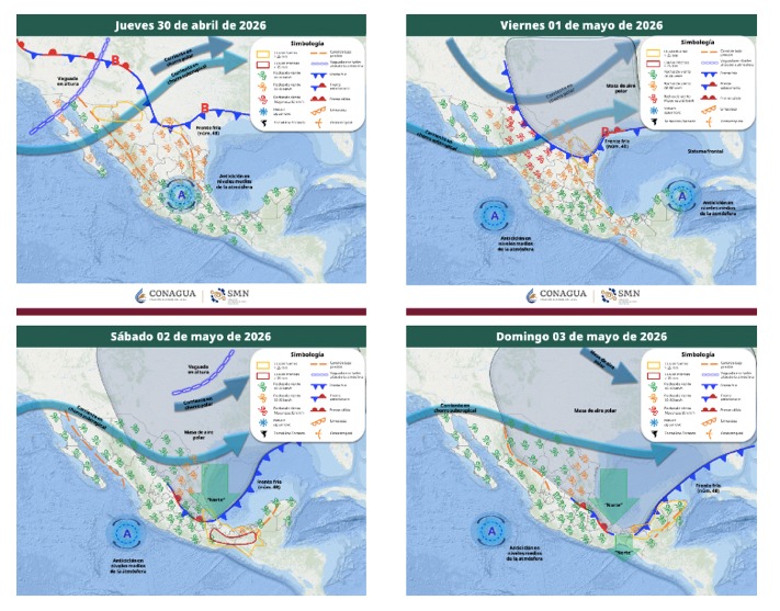 Mapas de México con flechas, líneas e íconos de viento indicando la probabilidad de tormentas en el país