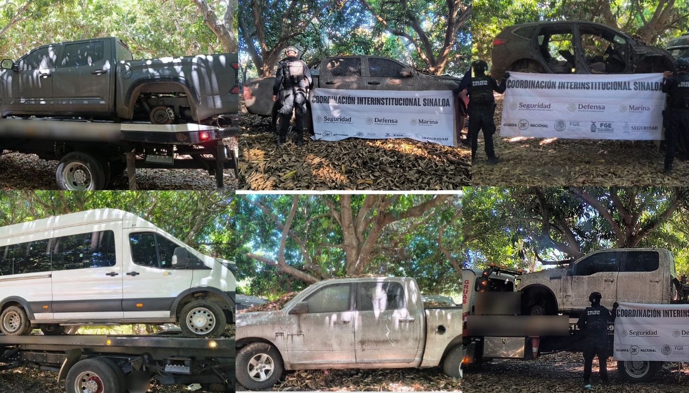 Seis vehículos junto a autoridades de seguridad con lonas y en una grúa