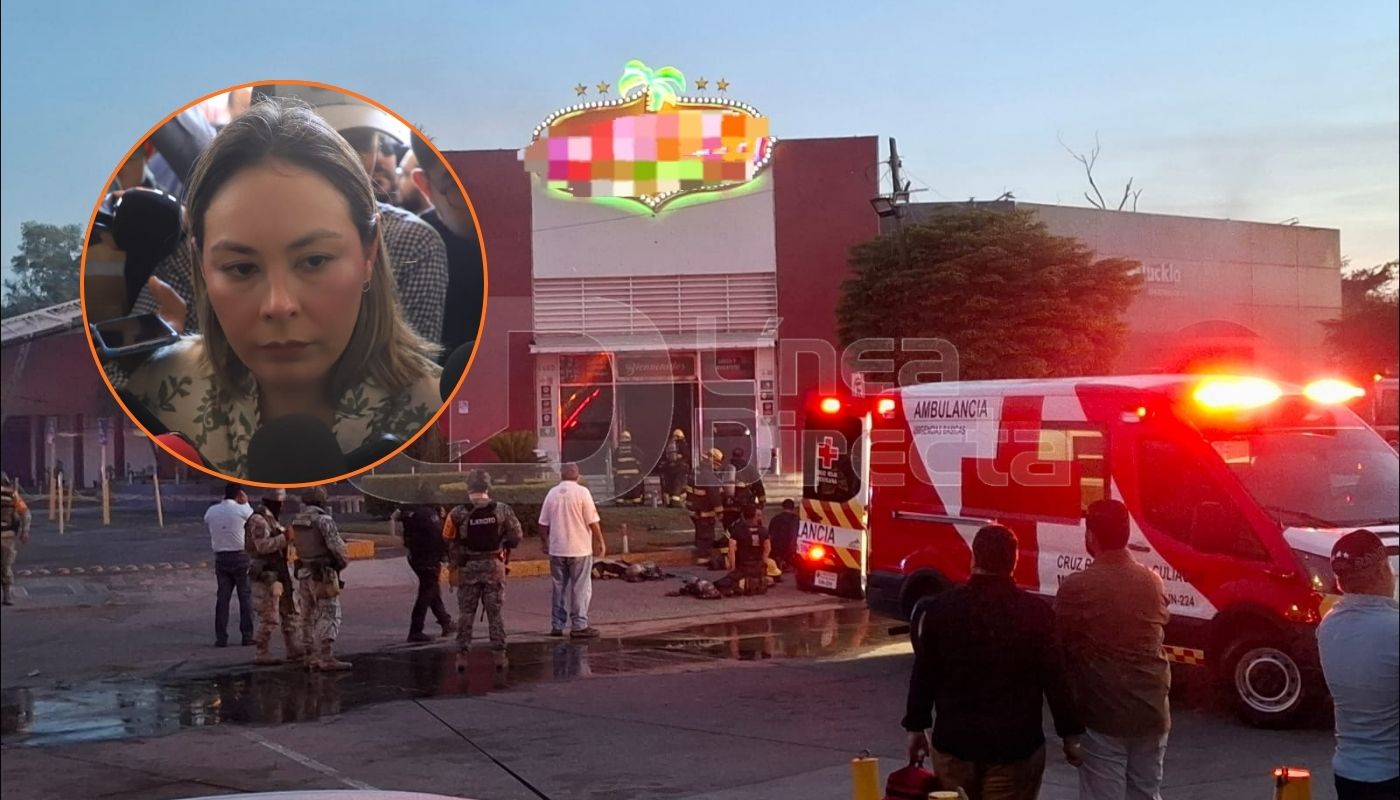 En grande ambulancia y elementos de apoyo a las afueras de un casino y en circulo gobernadora de Sinaloa