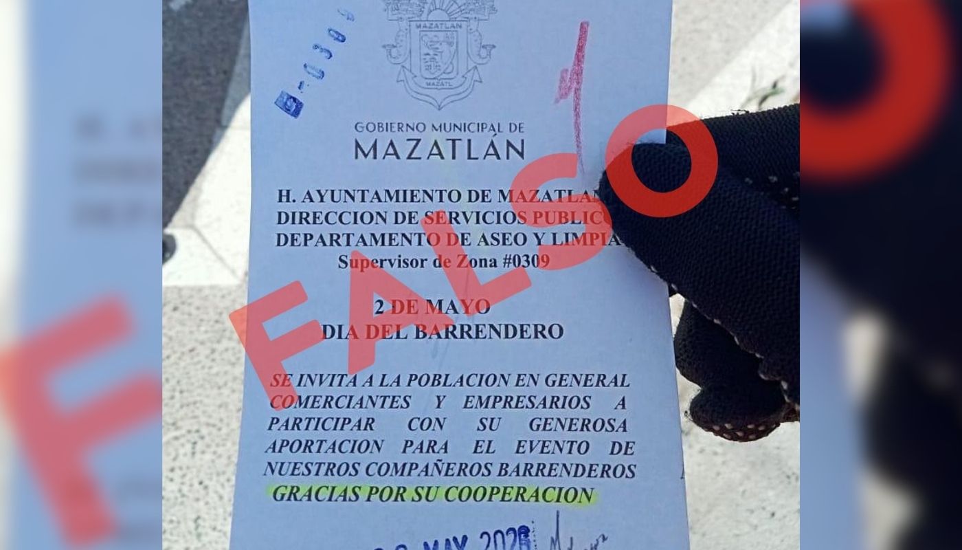 Hoja de papel con el logo del Ayuntamiento de Mazatlán con la leyenda en rojo que dice falso