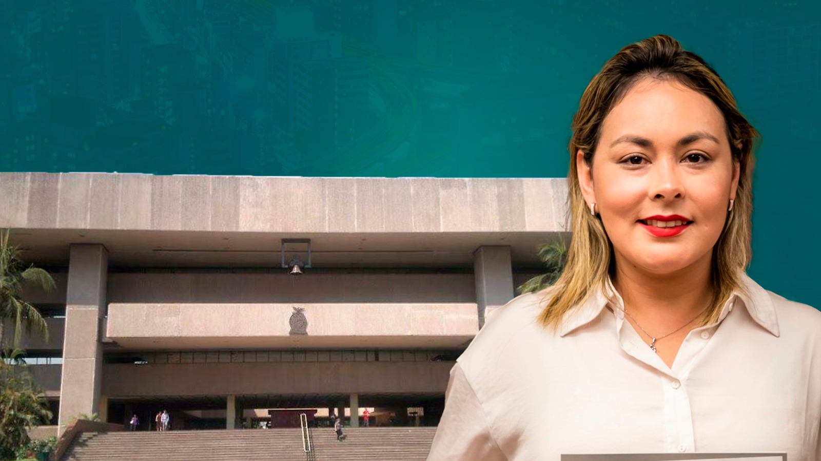 La gobernadora interina de Sinaloa, Yeraldine Bonilla Valverde y un fondo de las instalaciones del Palacio de Gobierno