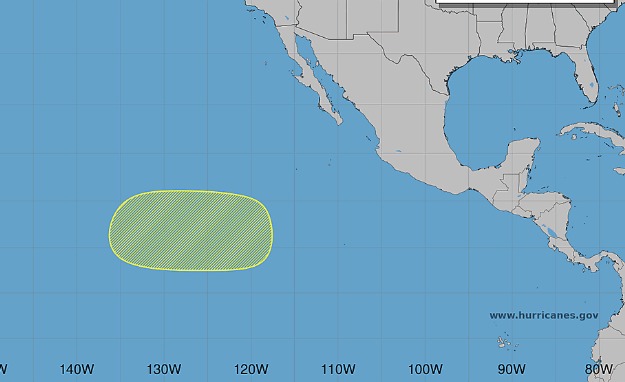 Imagen satelital del pacífico con una zona en amarillo indicando la zona de vigilancia por huracan