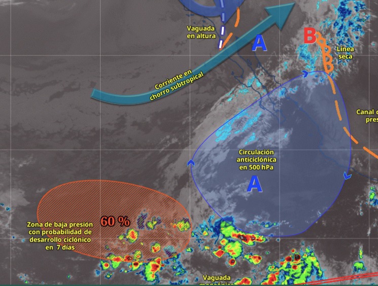 Mapa satelital del Pacífico indicando las zonas de baja presión con potencial para desarrollo ciclónico