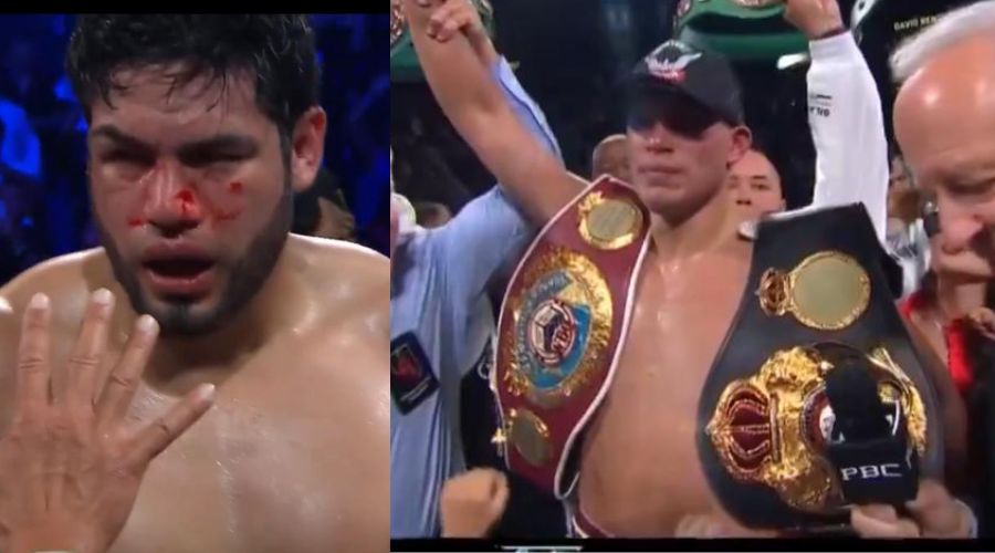 David Benavidez con cinturones mundiales junto a 'Zurdo' Ramírez con sangre en la cara