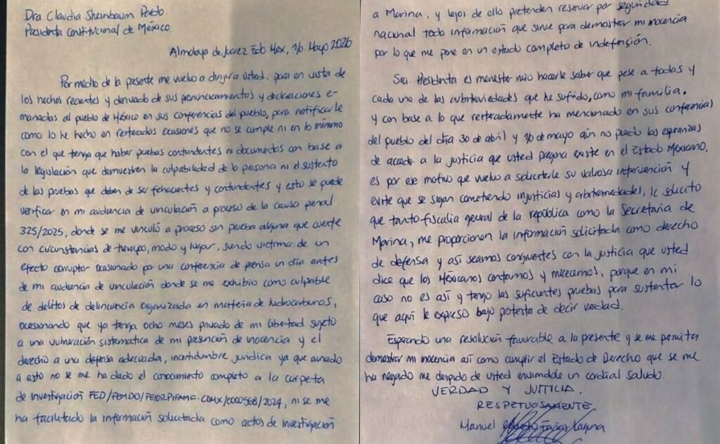 Carta del vicealmirante Manuel Roberto Farías Laguna a la presidenta Claudia Sheinbaum