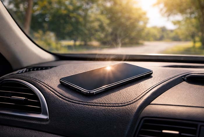 un celular en el tablero de un coche en el calor
