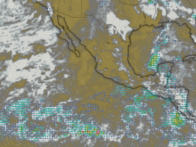 Imagen satelital de México con colores blanco y azul sobre la zona del Pacífico