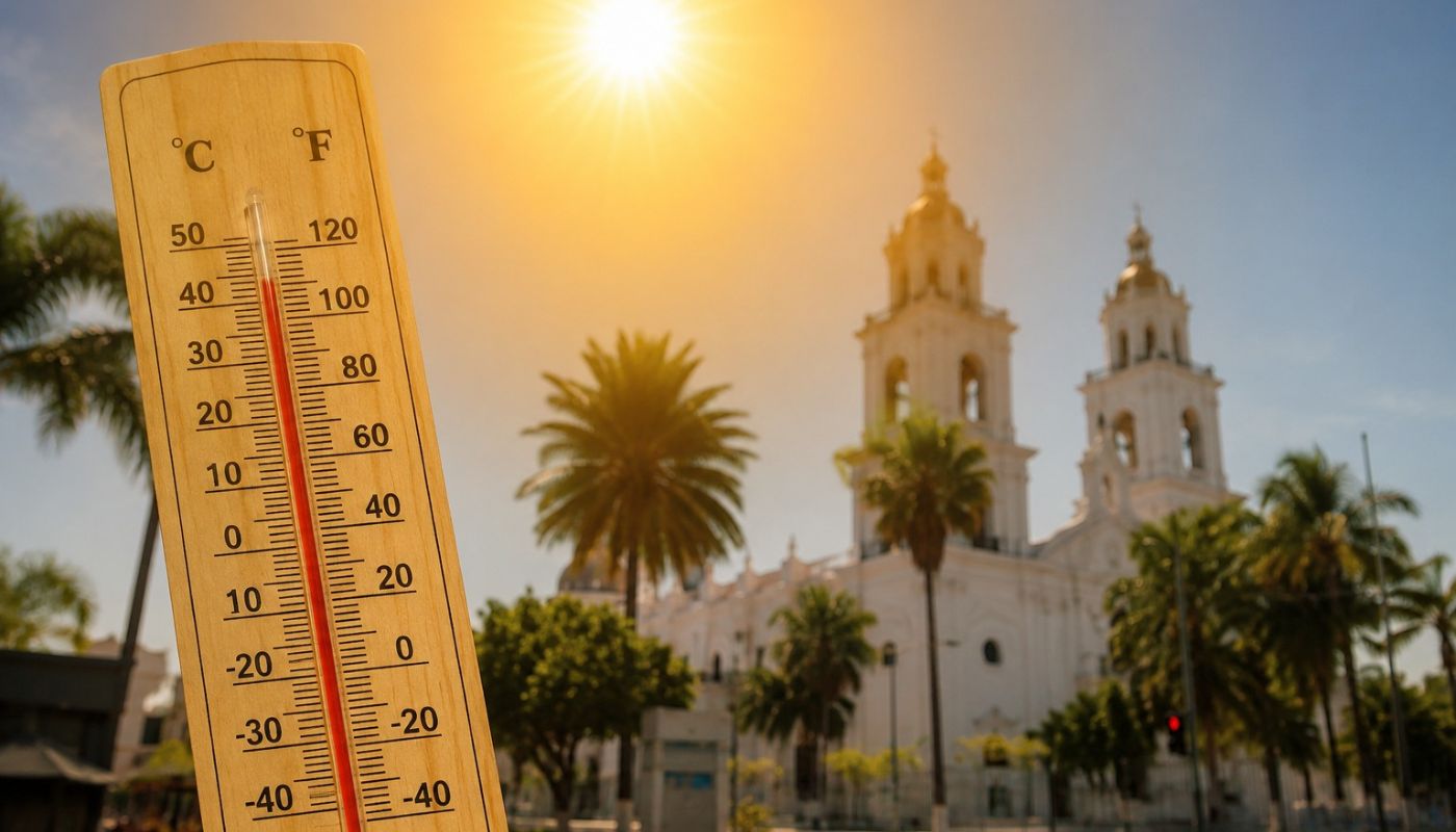 termómetro indicando altas temperaturas y al fondo una igledia con árboles y un sol fuerte en el cielo