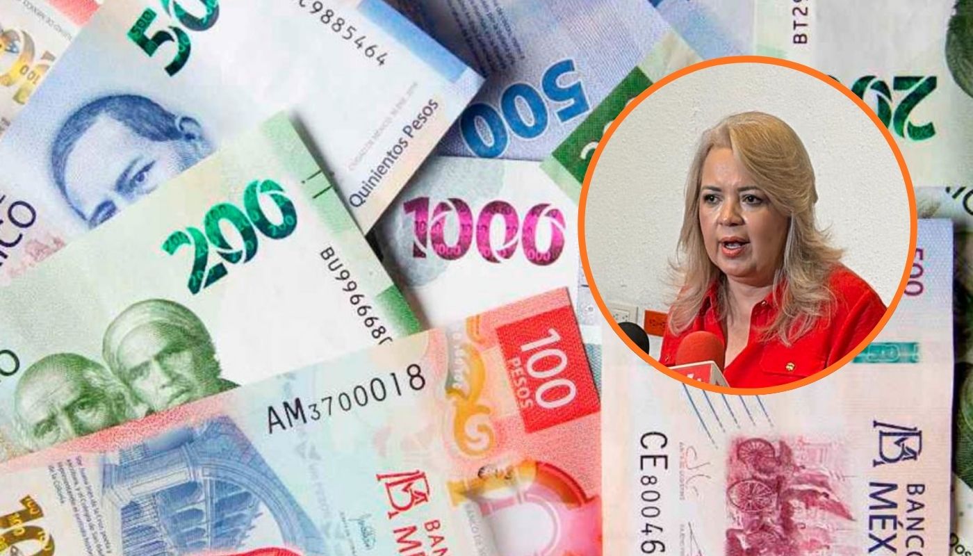 billetes de diferentes denominaciones y en un circulo la presidenta de Coparmex Sinaloa