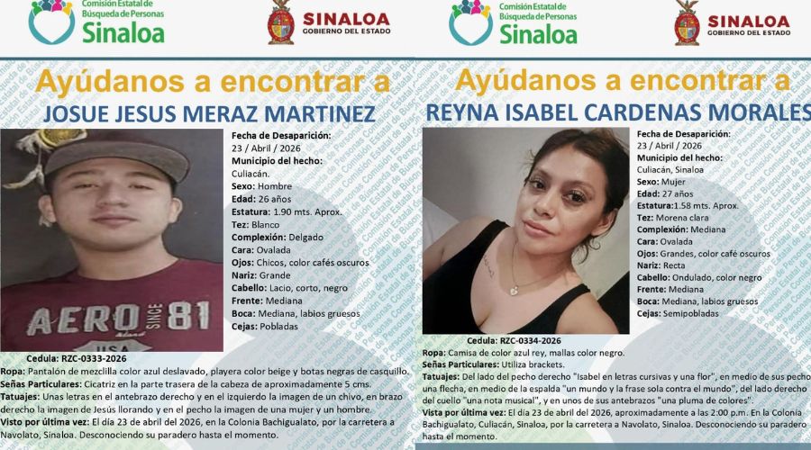 Fichas de búsqueda de Reyna Isabel Cárdenas Morales y Josué Jesús Meraz Martínez
