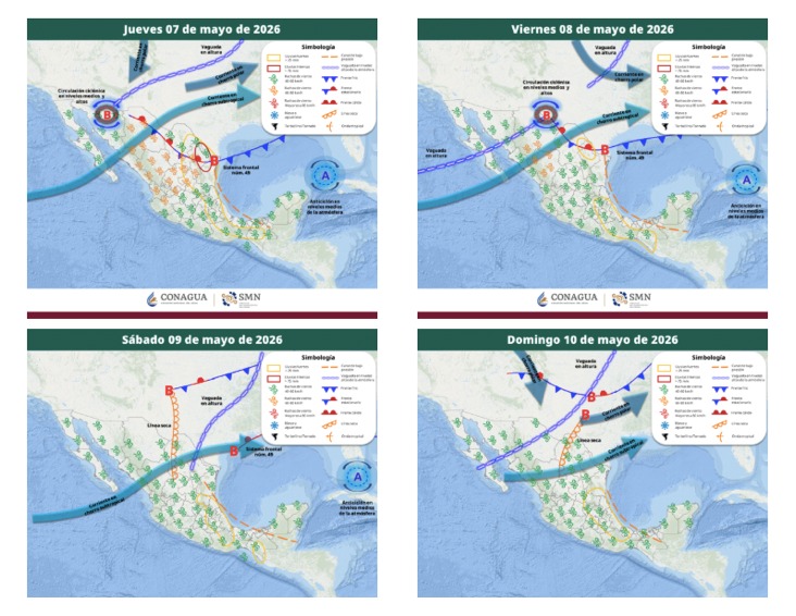 Mapas de México con flechas, líneas e íconos de viento indicando la probabilidad de tormentas en el país