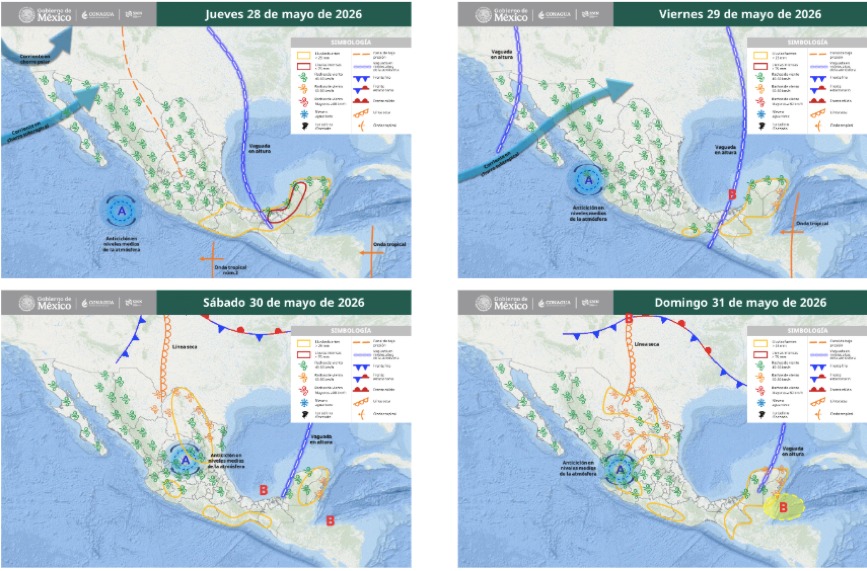 Mapas de México con flechas, líneas e íconos de viento indicando la probabilidad de tormentas en el país