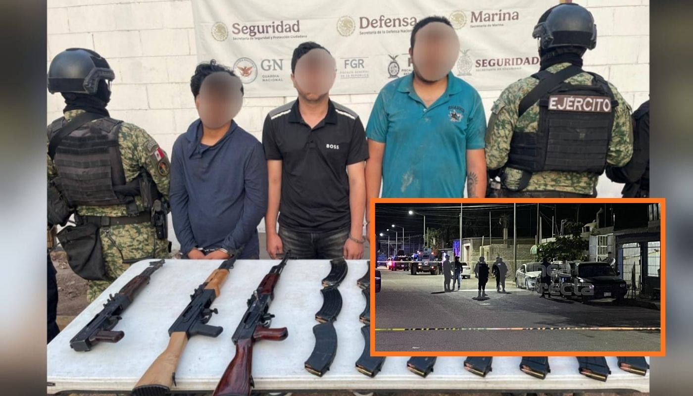Agentes policiacos de espalda y entre ellos 3 personas con el rostro cubierto y en una mesa armas y objetos, en un recuadro, agentes policiacos en una calle