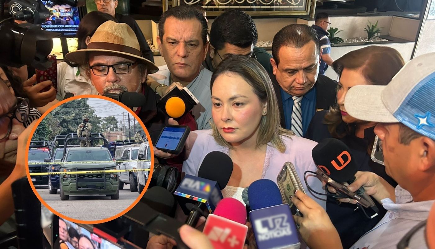 La gobernadora interina de Sinaloa, Yeraldine Bonilla y en un círculo unidades policiacas