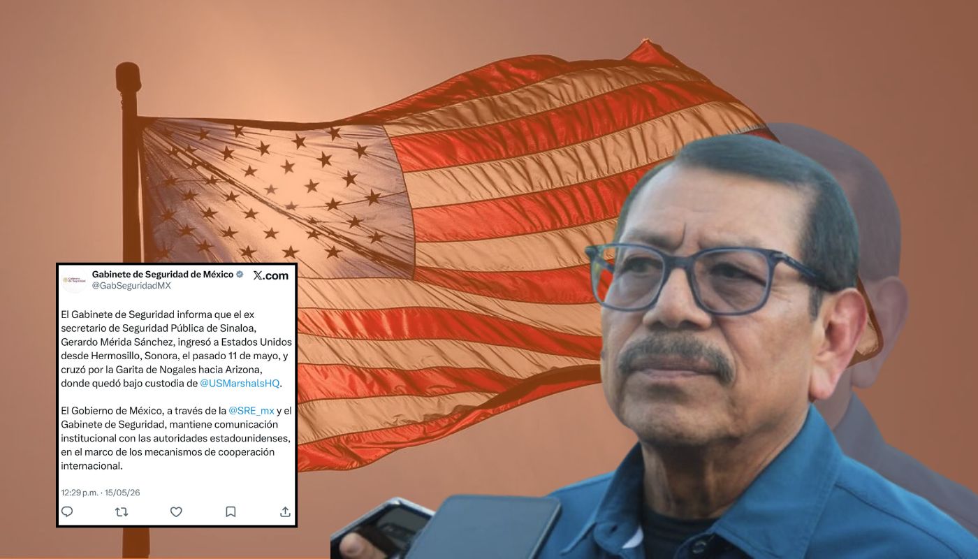 Gerardo Mérida Sánchez, bandera de Estados Unidos de fondo y aviso de Gabinete de México