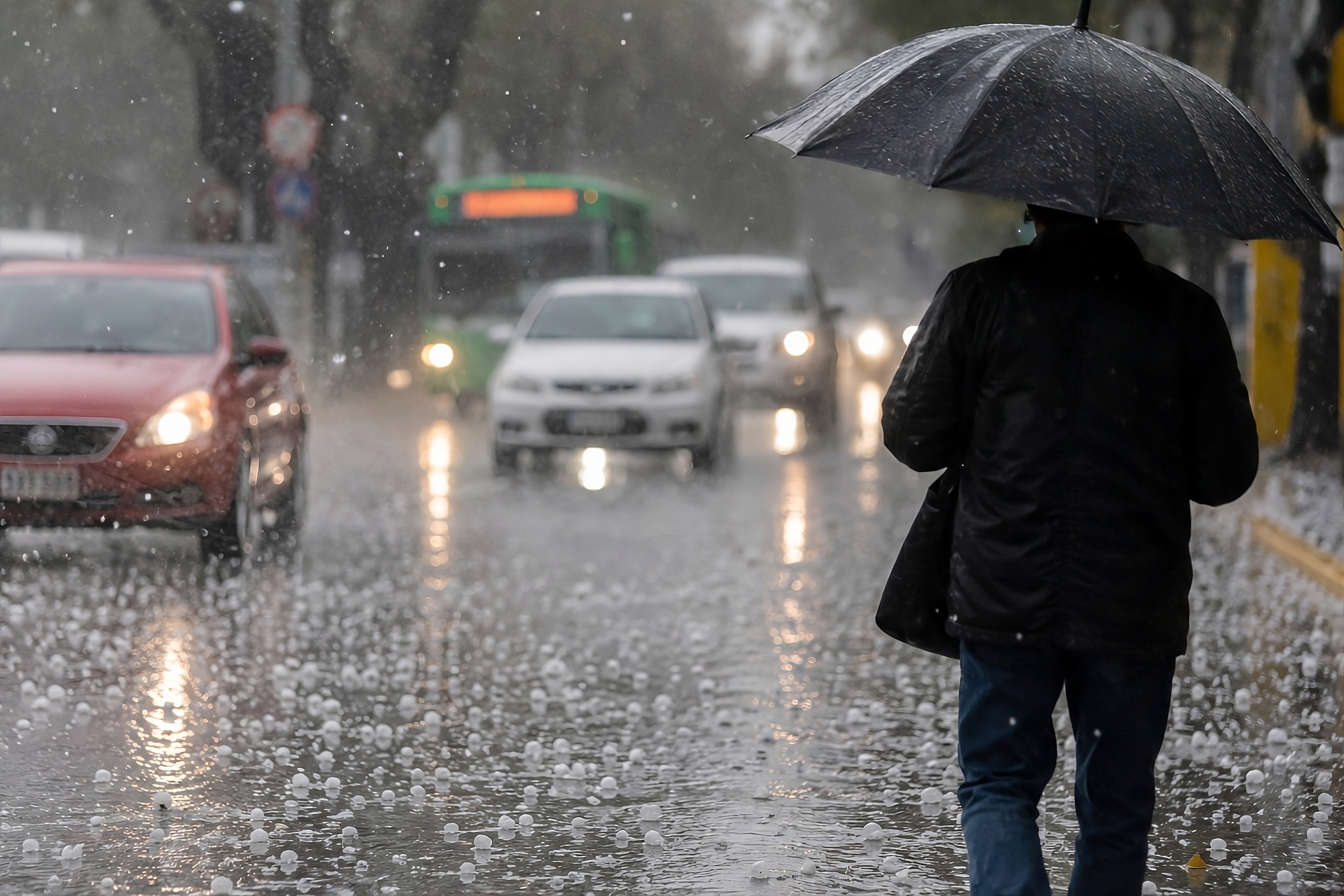 Persona caminando con un paraguas bajo la lluvia y carros por una calle
