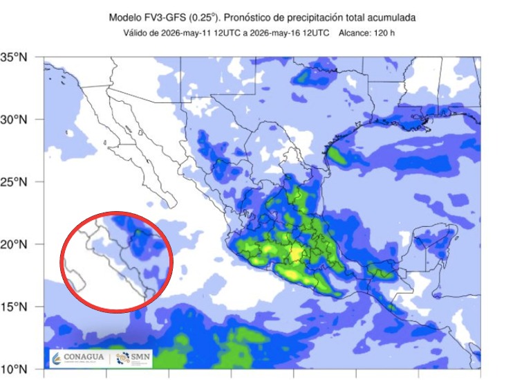 Imagen satelital de México que representa lluvias con colores verdes y azules que indica pronóstico de precipitaciones