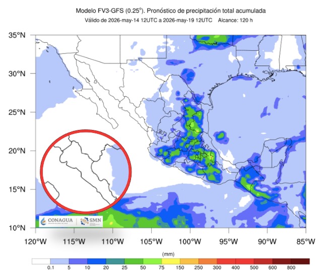 Imagen satelital de México que representa lluvias con colores verdes y azules que indica pronóstico de precipitaciones