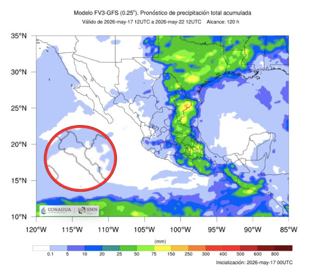 Imagen satelital de México que representa lluvias con colores verdes y azules que indica pronóstico de precipitaciones