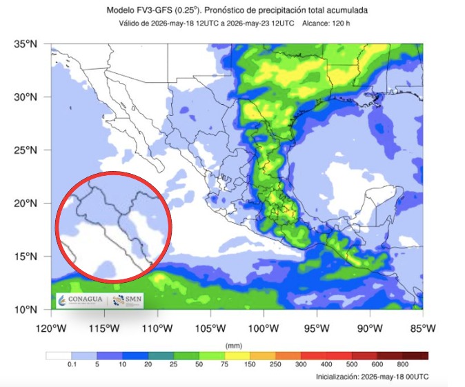 Imagen satelital de México que representa lluvias con colores verdes y azules que indica pronóstico bajo de precipitaciones