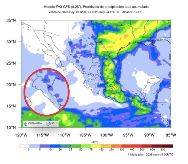 Imagen satelital de México que representa lluvias con colores verdes y azules que indica pronóstico bajo de precipitaciones