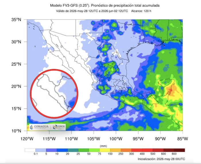 Imagen satelital de México que representa lluvias con colores verdes y azules que indica pronóstico bajo de precipitaciones