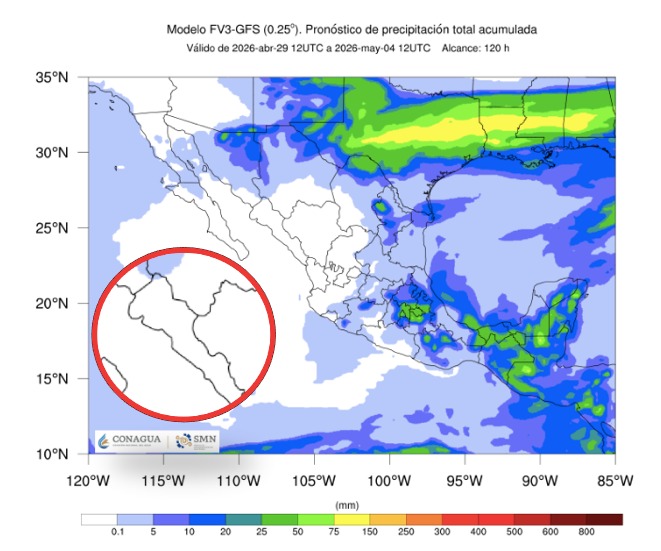 Imagen satelital de México que representa lluvias con colores verdes y azules que indica pronóstico de precipitaciones