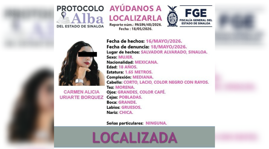 Autoridades localizan con vida a la joven Carmen Alicia Uriarte