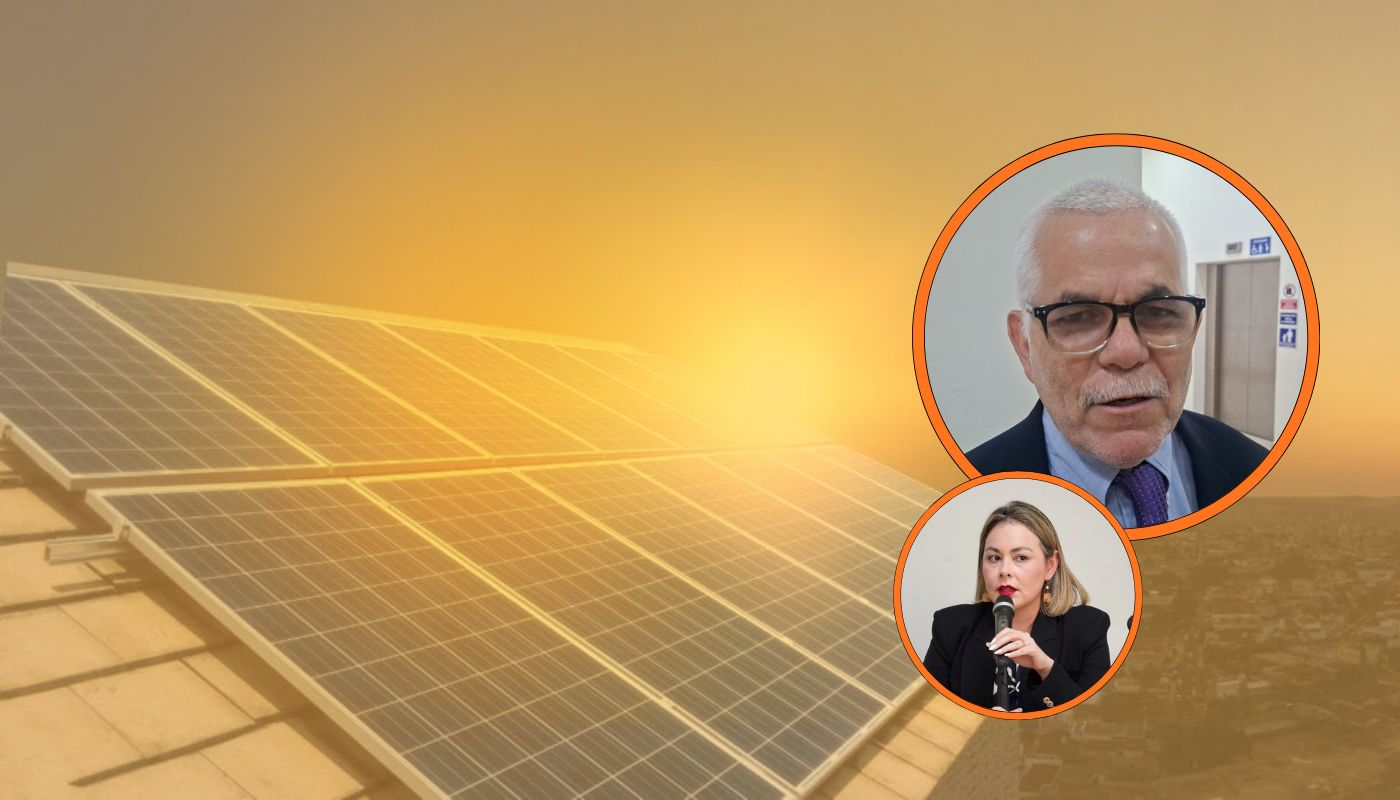 Mario Zazueta Félix y Yeraldine Bonilla, de fondo paneles solares