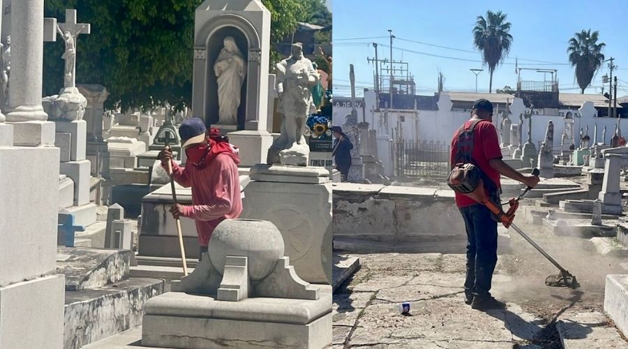 Personas con escobas junto a tumbas de panteones
