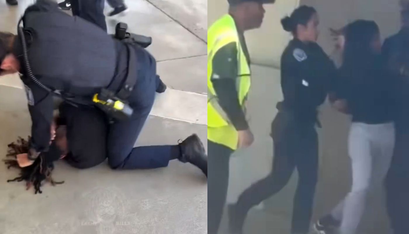 Imagenes de un video donde se ve a una policia golpeando a un estudiante afroamericano
