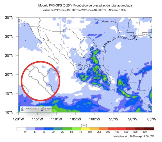 Imagen satelital de México que representa lluvias con colores verdes y azules que indica pronóstico bajo de precipitaciones