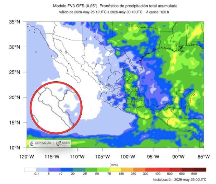 Imagen satelital de México que representa lluvias con colores verdes y azules que indica pronóstico de precipitaciones