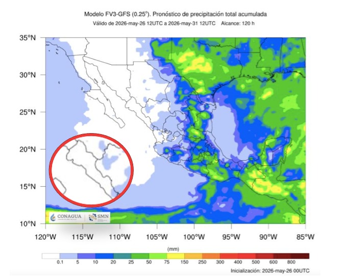 Imagen satelital de México que representa lluvias con colores verdes y azules que indica pronóstico de precipitaciones