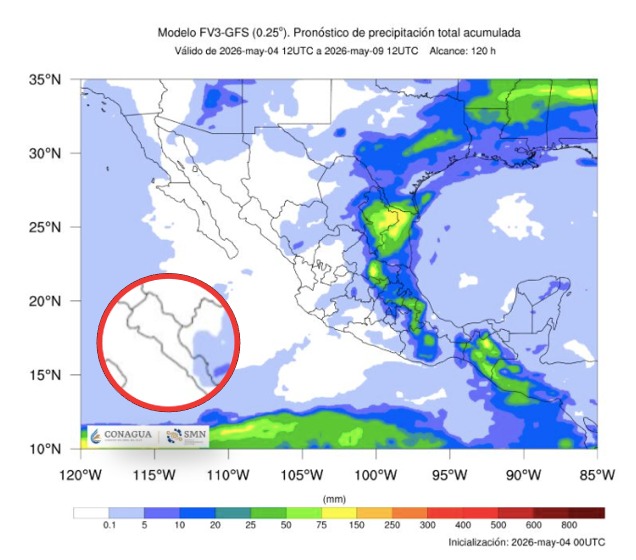 Imagen satelital de México que representa lluvias con colores verdes y azules que indica pronóstico bajo de precipitaciones