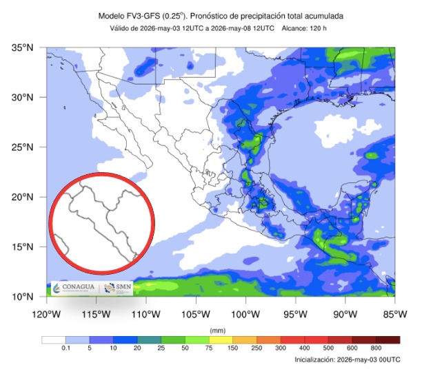 Imagen satelital de México que representa lluvias con colores verdes y azules que indica pronóstico de precipitaciones