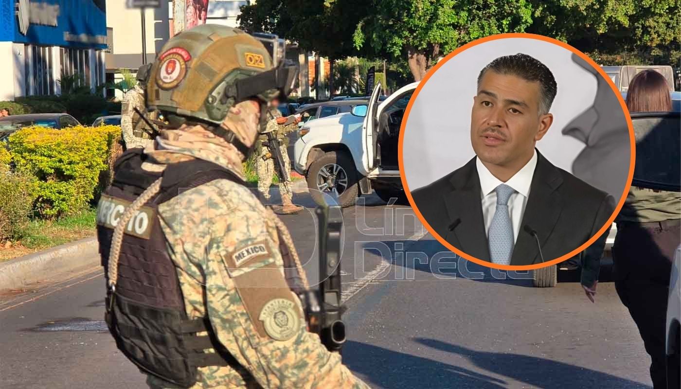 Militar en una calle y en un círculo el secretario de seguridad, Omar García Harfuch