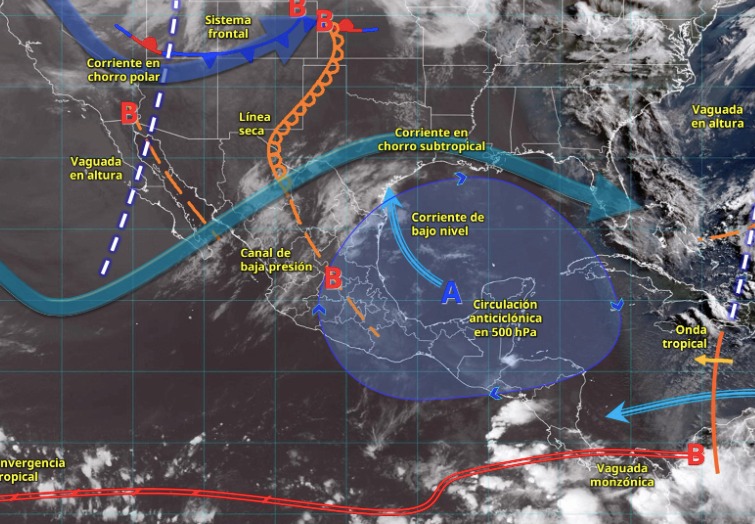 Imagen satelital de México indicando los sistemas meteorológicos activos con líneas y flechas