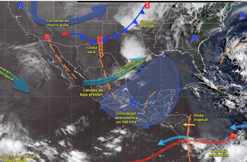 Imagen satelital de México indicando los sistemas meteorológicos activos con líneas y flechas