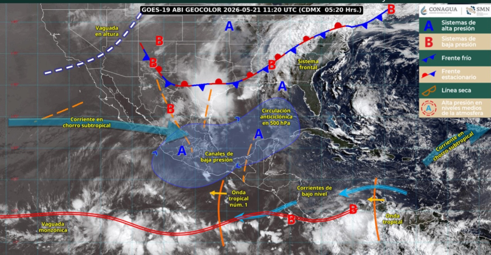 Imagen satelital de México indicando los sistemas meteorológicos activos con líneas y flechas