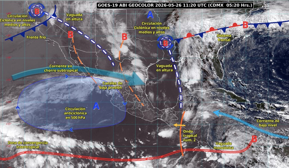 Imagen satelital de México indicando los sistemas meteorológicos activos con líneas y flechas