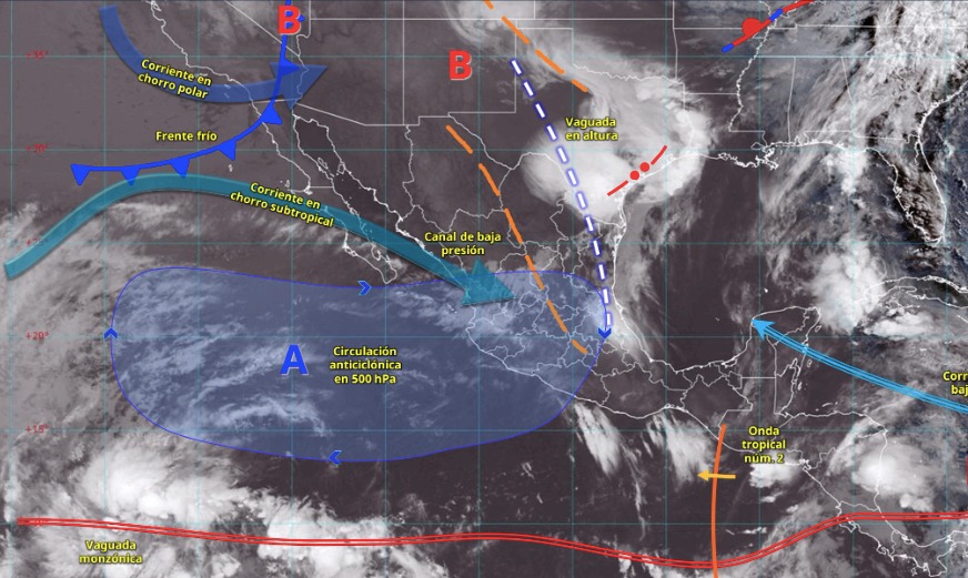 Imagen satelital de México indicando los sistemas meteorológicos activos con líneas y flechas
