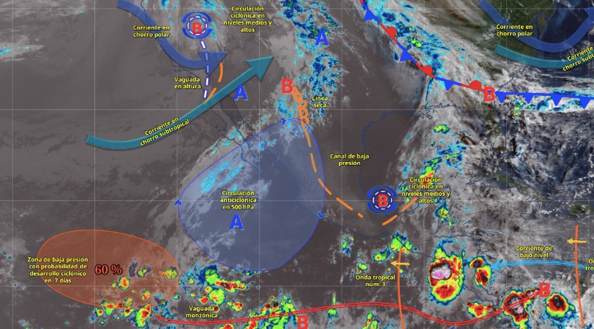 Imagen satelital de México indicando los sistemas meteorológicos activos con líneas y flechas