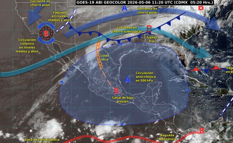 Imagen satelital de México indicando los sistemas meteorológicos activos
