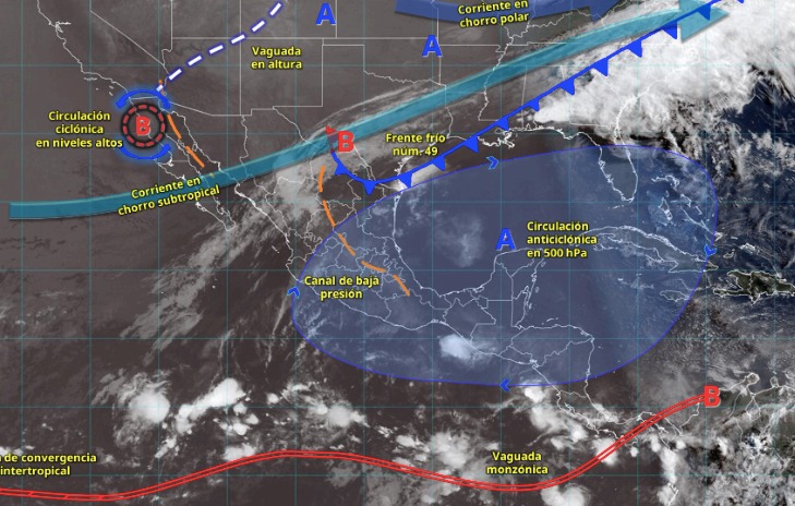 Imagen satelital de México indicando los sistemas meteorológicos activos