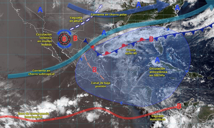Imagen satelital de México indicando los sistemas meteorológicos activos con flechas y líneas